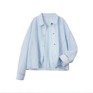 2026夏季新款衬衫领拼袖暗扣薄款短款外套女休闲气质百搭气质衬衫