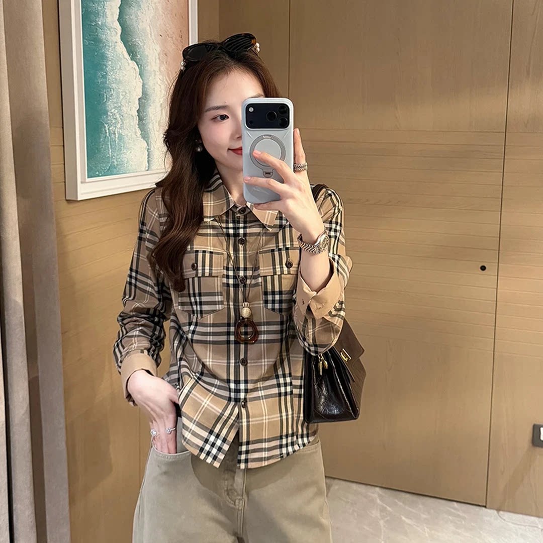 精纺棉色织格纹衬衫女通勤气质