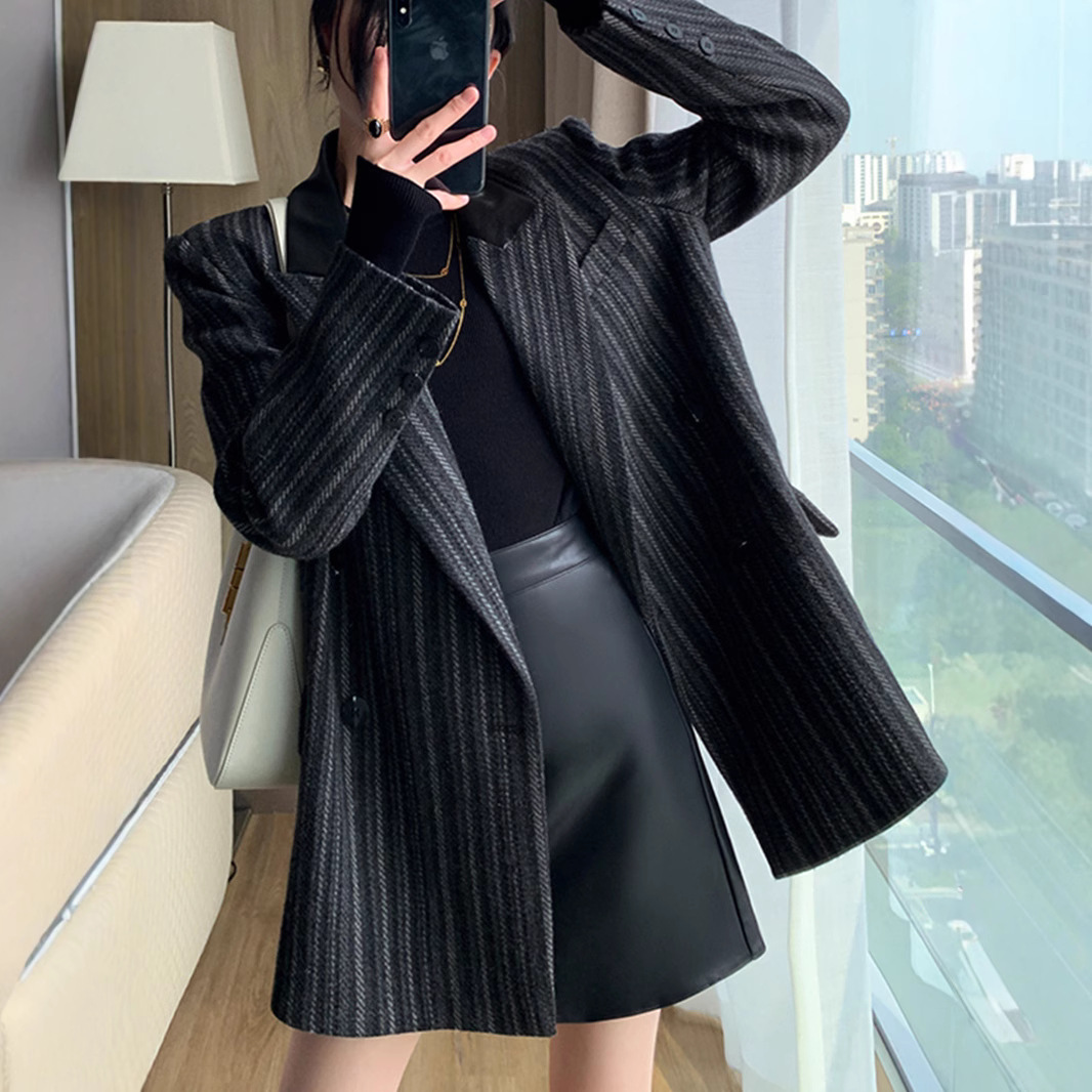 秋冬大码女装毛呢加棉西装外套女韩版胖mm200斤条纹加厚西服AA070