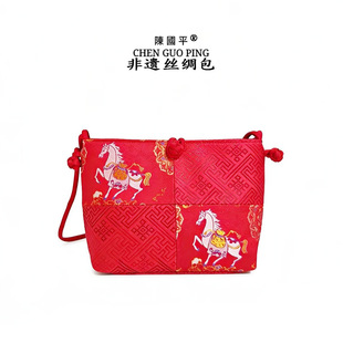 马上有钱红色宋锦单肩斜跨包马上有福蓝色新中式手拎旗袍包送长辈