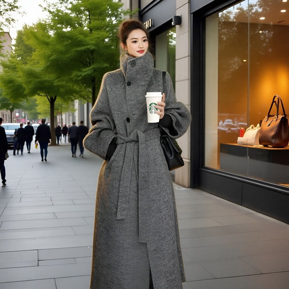2025秋冬女装外套立领韩版大衣宽松长款韩系毛呢外套高个子灰色