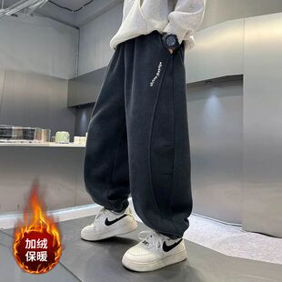 男童重磅休闲裤子秋冬加绒中大童长裤洋气男孩弯刀裤儿童运动裤潮