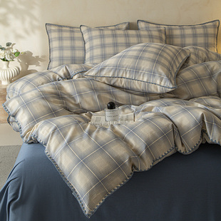 A类全棉棉麻三角针贝壳边四件套纯棉亚麻简约格子被套床上用品