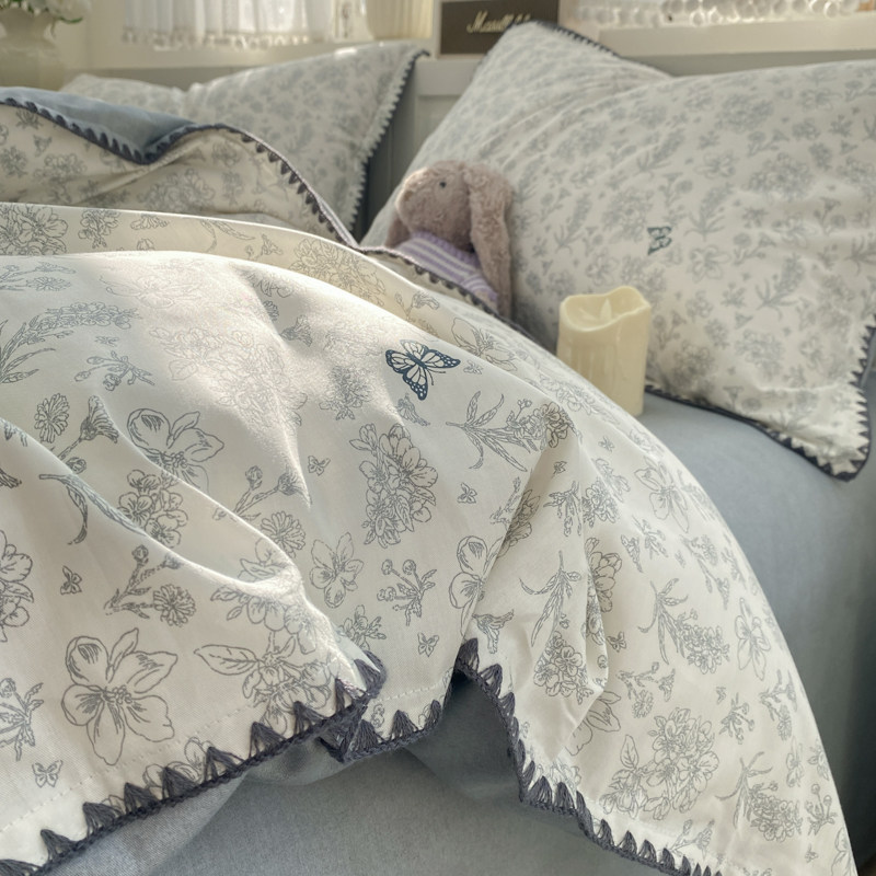 美式文艺田园蝴蝶小碎花全棉贝壳边四件套纯棉被套床单床上用品,床上用品,床品套件/四件套/多件套,淘宝优惠券,粉丝福利购,淘宝优惠卷