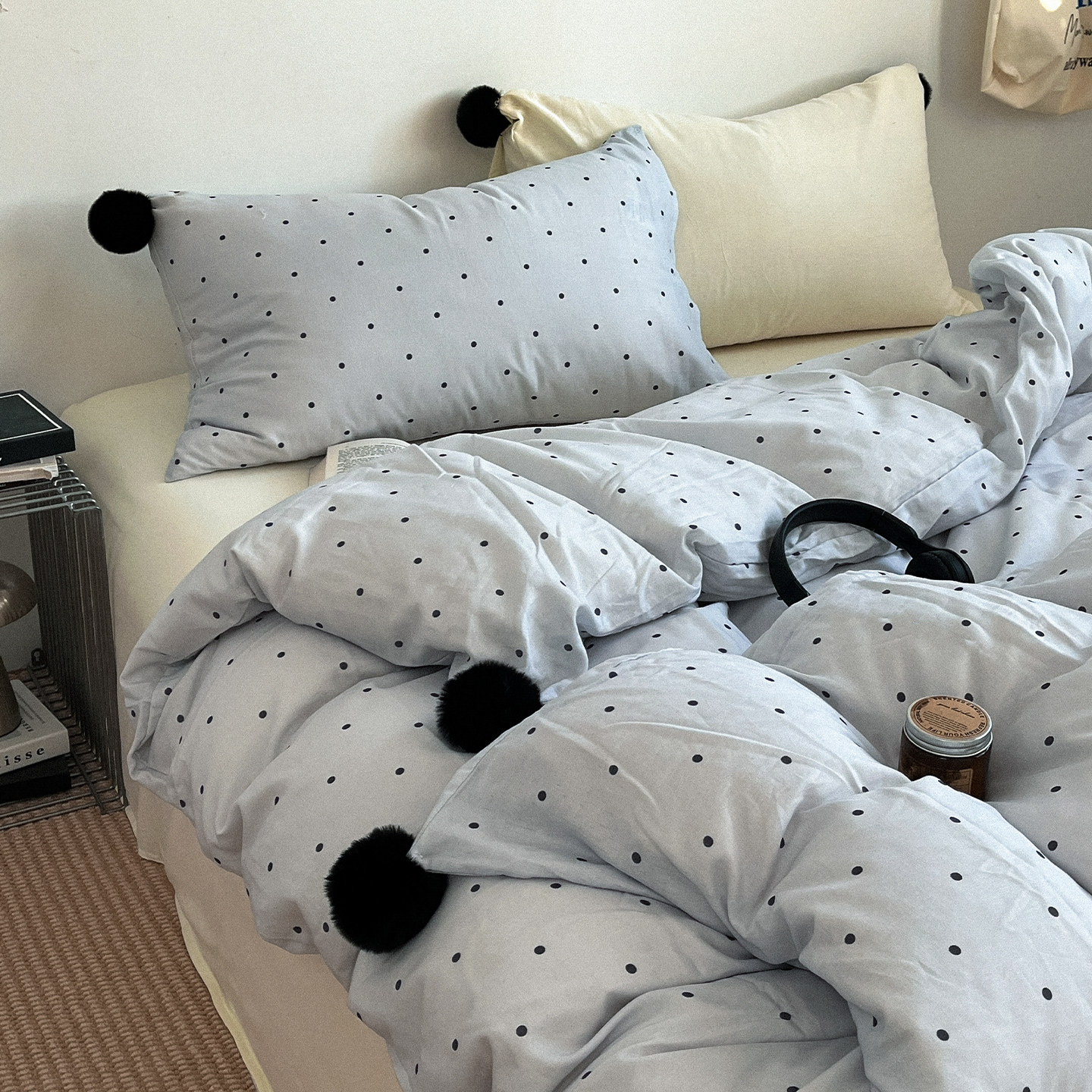 ins少女早春混搭球球波点全棉双层纱四件套纯棉被套床单床上用品