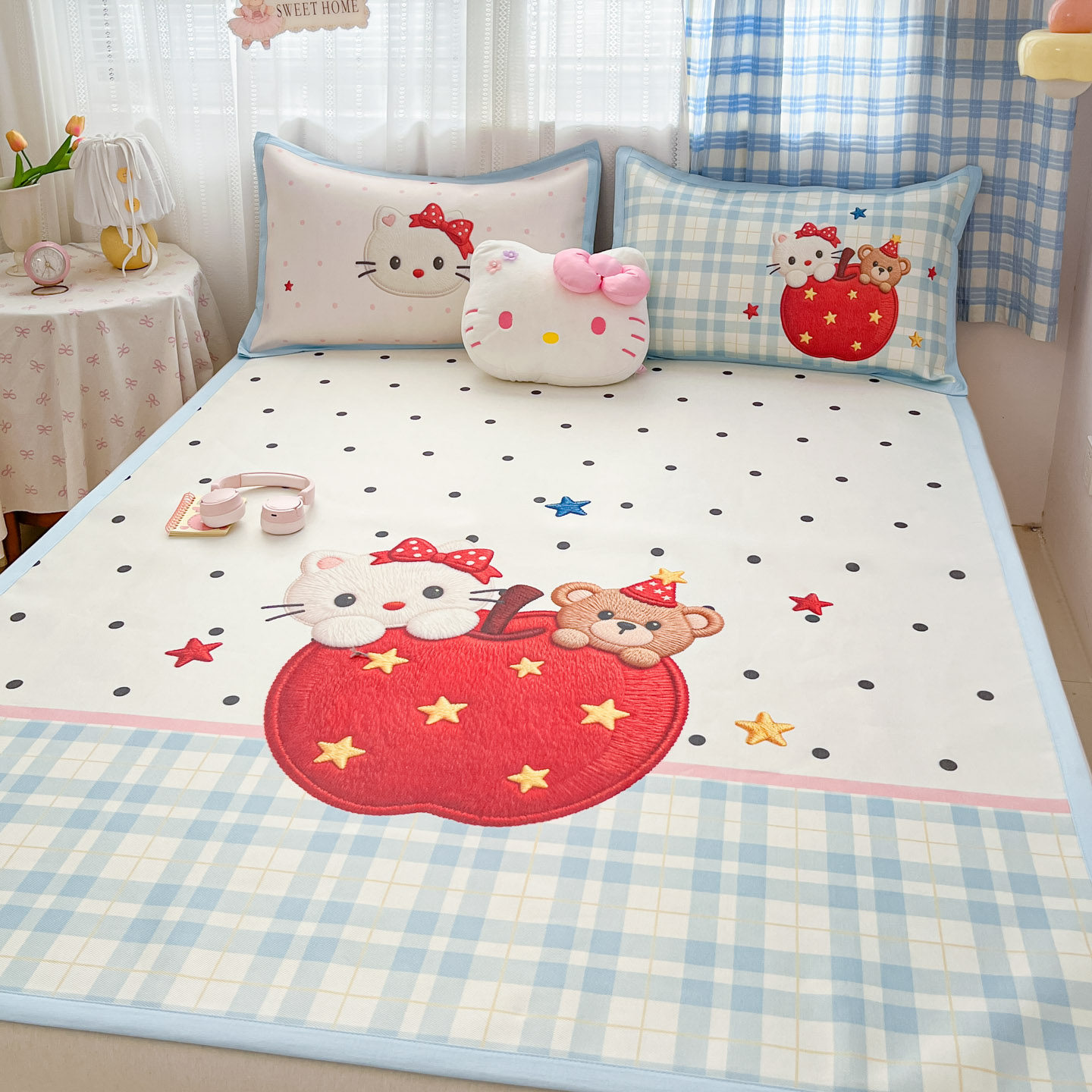 ins可爱大版卡通藤席冰丝席三件套双人空调席夏季夏凉席凉感席