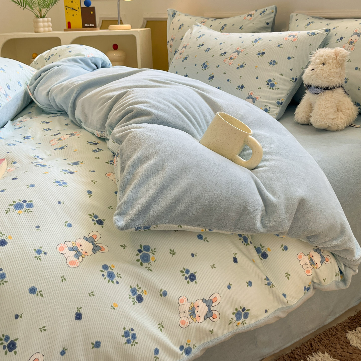 秋冬季ins萌系卡通牛奶绒灯芯绒四件套加厚保暖宝宝绒床上用品