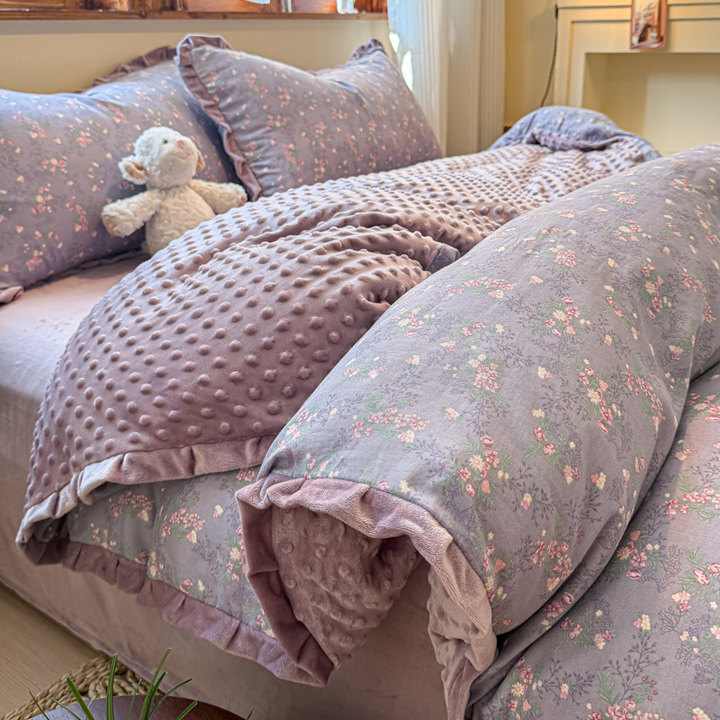 床单床笠四件套双层纱婴儿绒田园