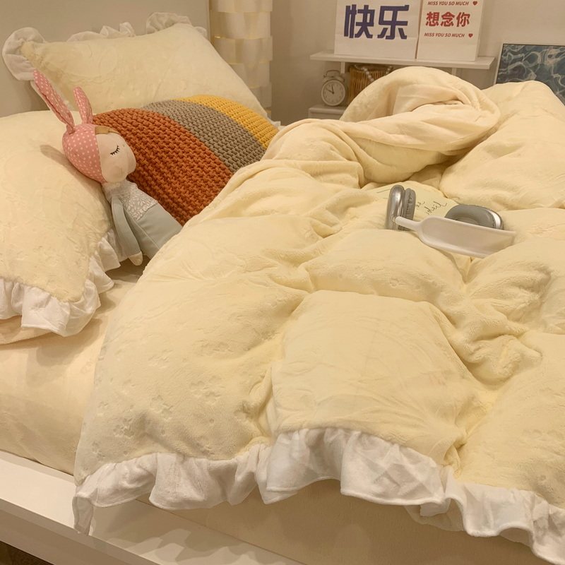 秋冬韩系花边雕花绒牛奶绒四件套加厚保暖文艺田园珊瑚绒床上用品,床上用品,床品套件/四件套/多件套,淘宝优惠券,粉丝福利购,淘宝优惠卷