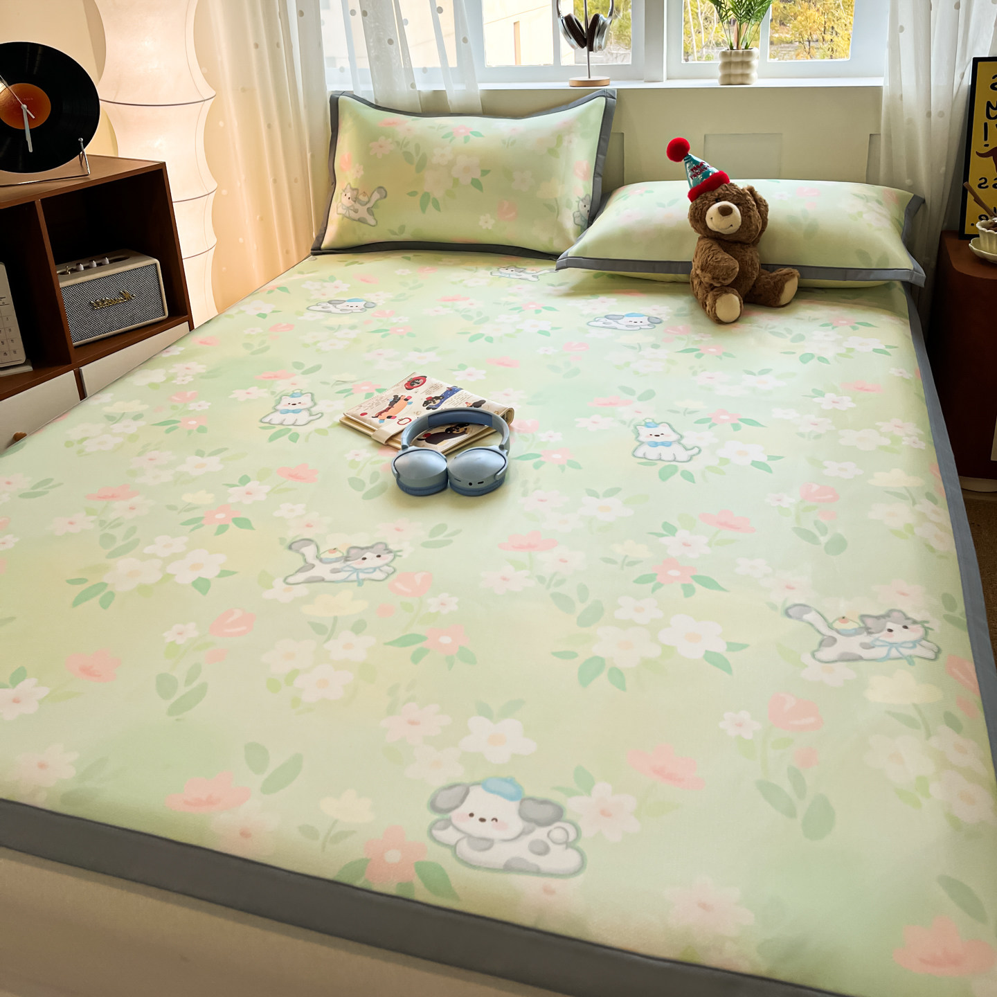 可爱卡通小清新冰丝席三件套双人空调席凉感席夏季夏凉席软席子