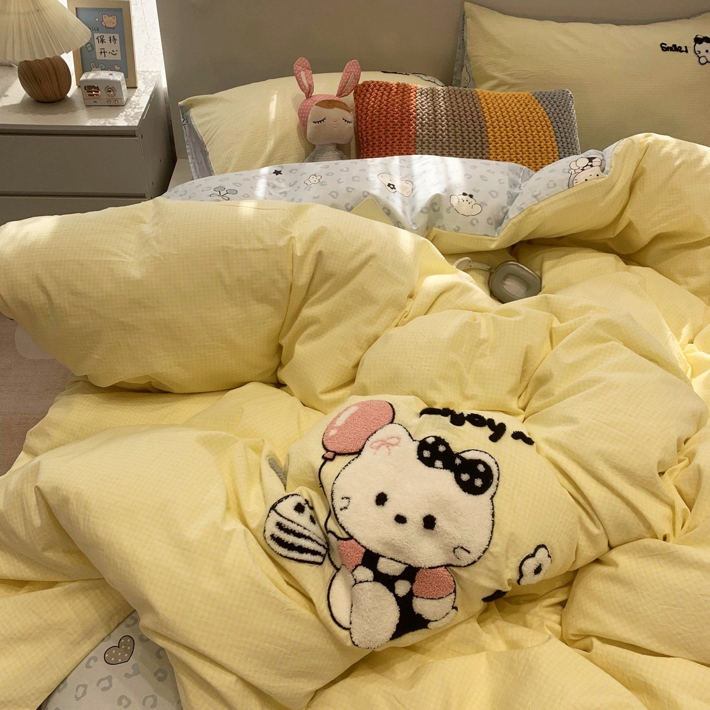 全棉色织水洗棉毛巾绣四件套纯棉萌系可爱卡通被套床单床上用品