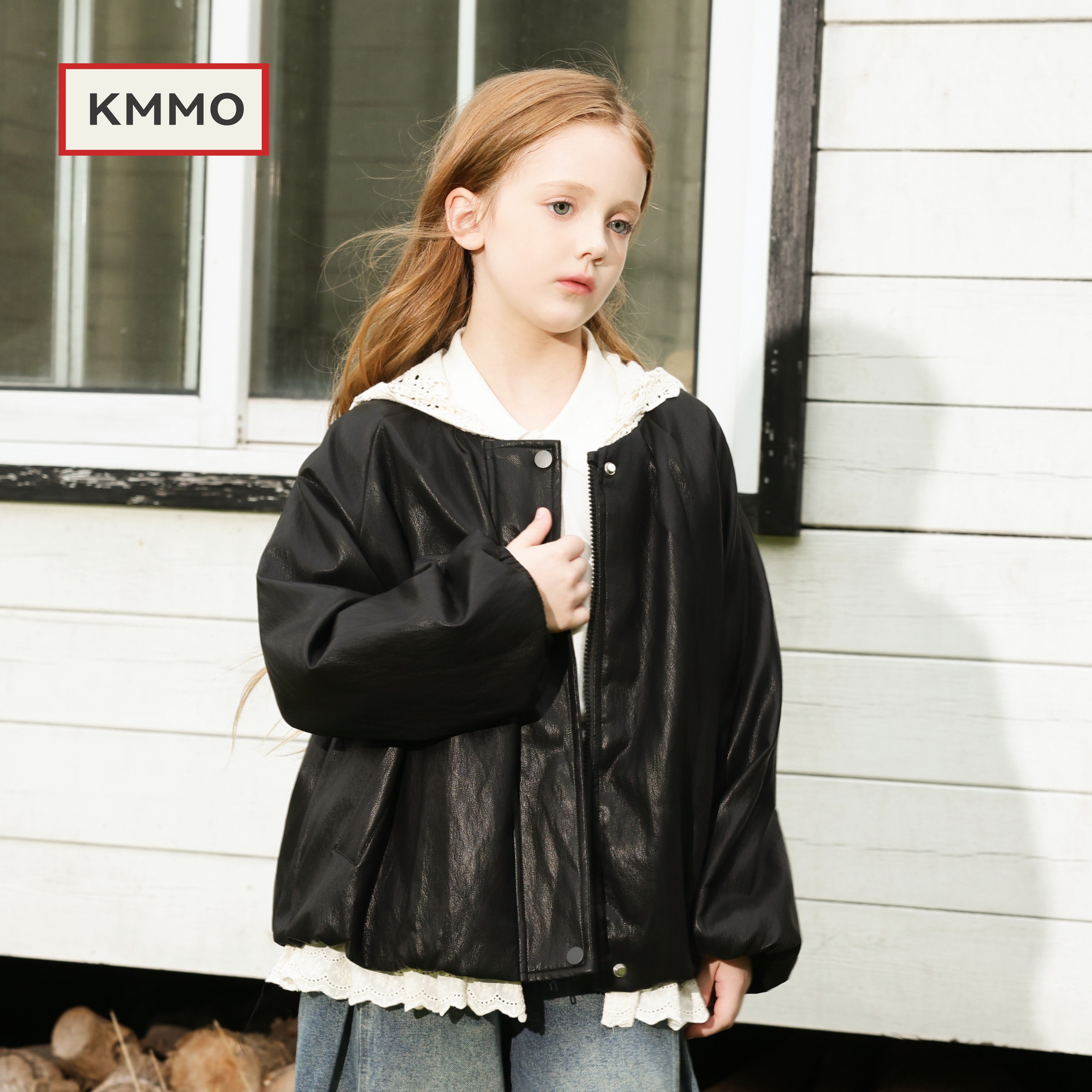 KMMO亲子韩版女童PU皮衣假两件