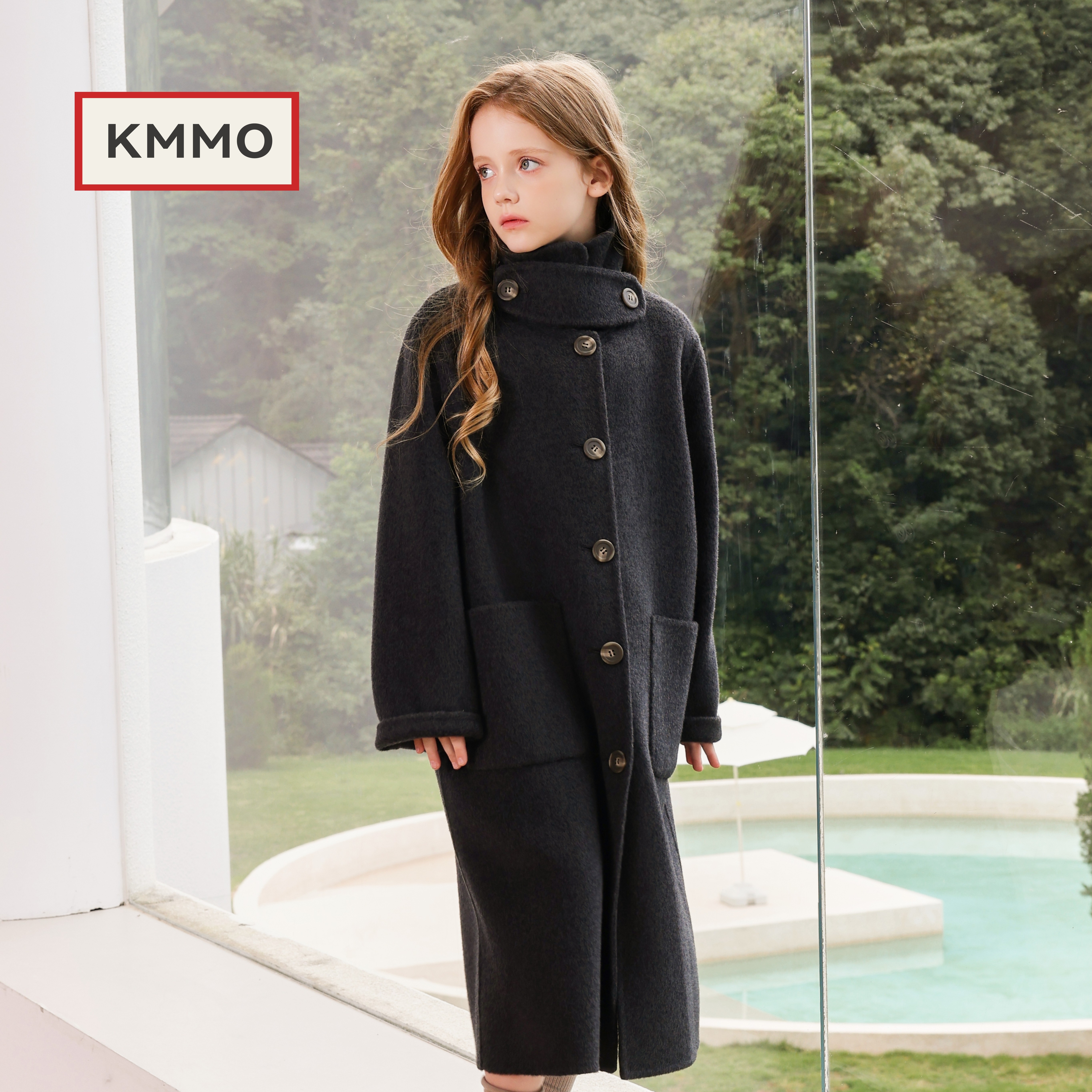 KMMO2026秋冬立领毛呢大衣女童中长款双面羊绒气质呢子外套小个子