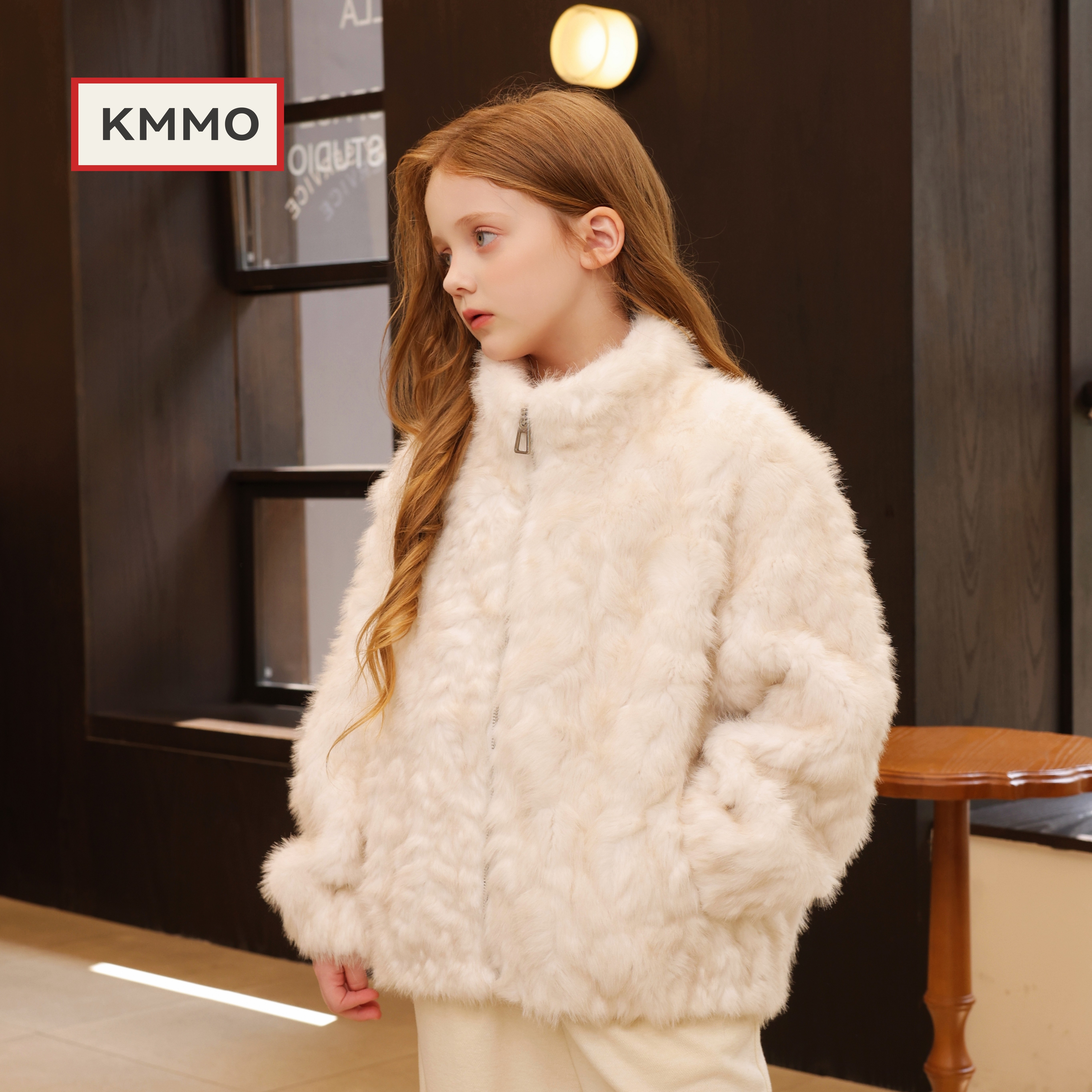 KMMO轻奢女童立领拉链毛毛大衣