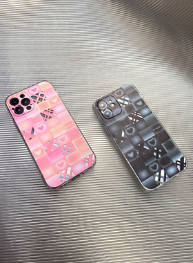 24 hatch黑粉迷幻爱心格子矩阵硅胶透明全包适用于苹果手机壳原创