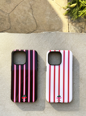 24 hatch 圣诞节复古铃铛粉黑条纹手机壳韩国进口二合一菲林手机壳适用于苹果13-15系列  亮面
