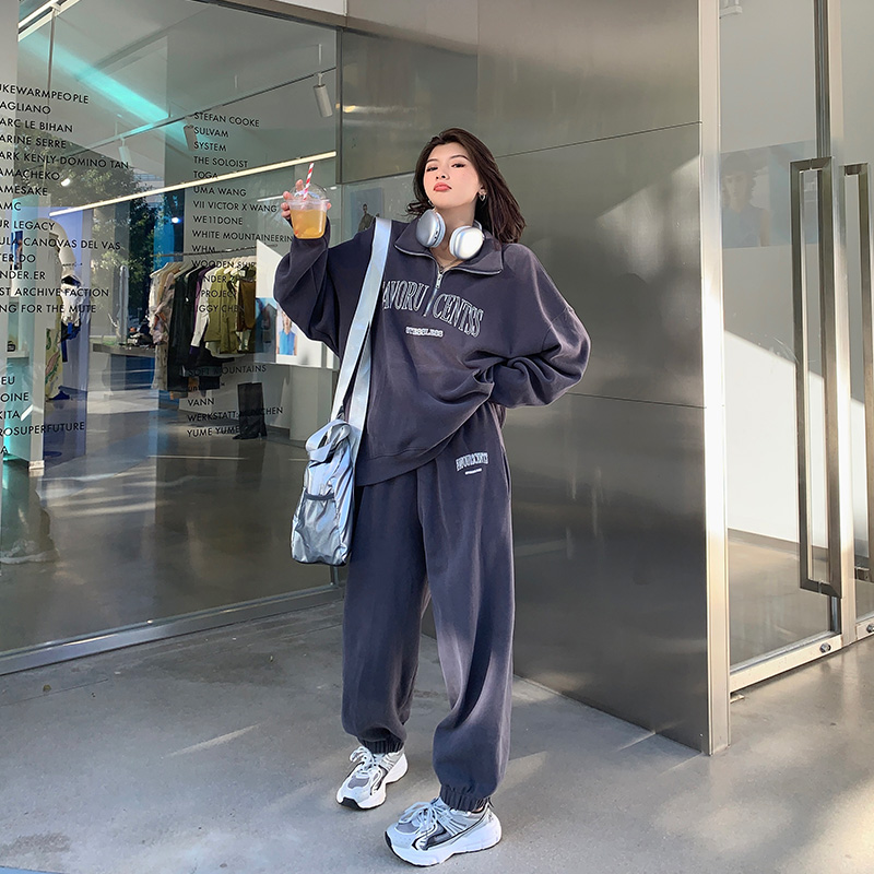 张大人大码女装遮肚藏肉甜酷风套装女减龄立领卫衣休闲运动直筒裤