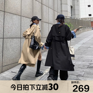 张大人复古英伦风假两件中长款风衣女气质时尚洋气宽松卡其色外套