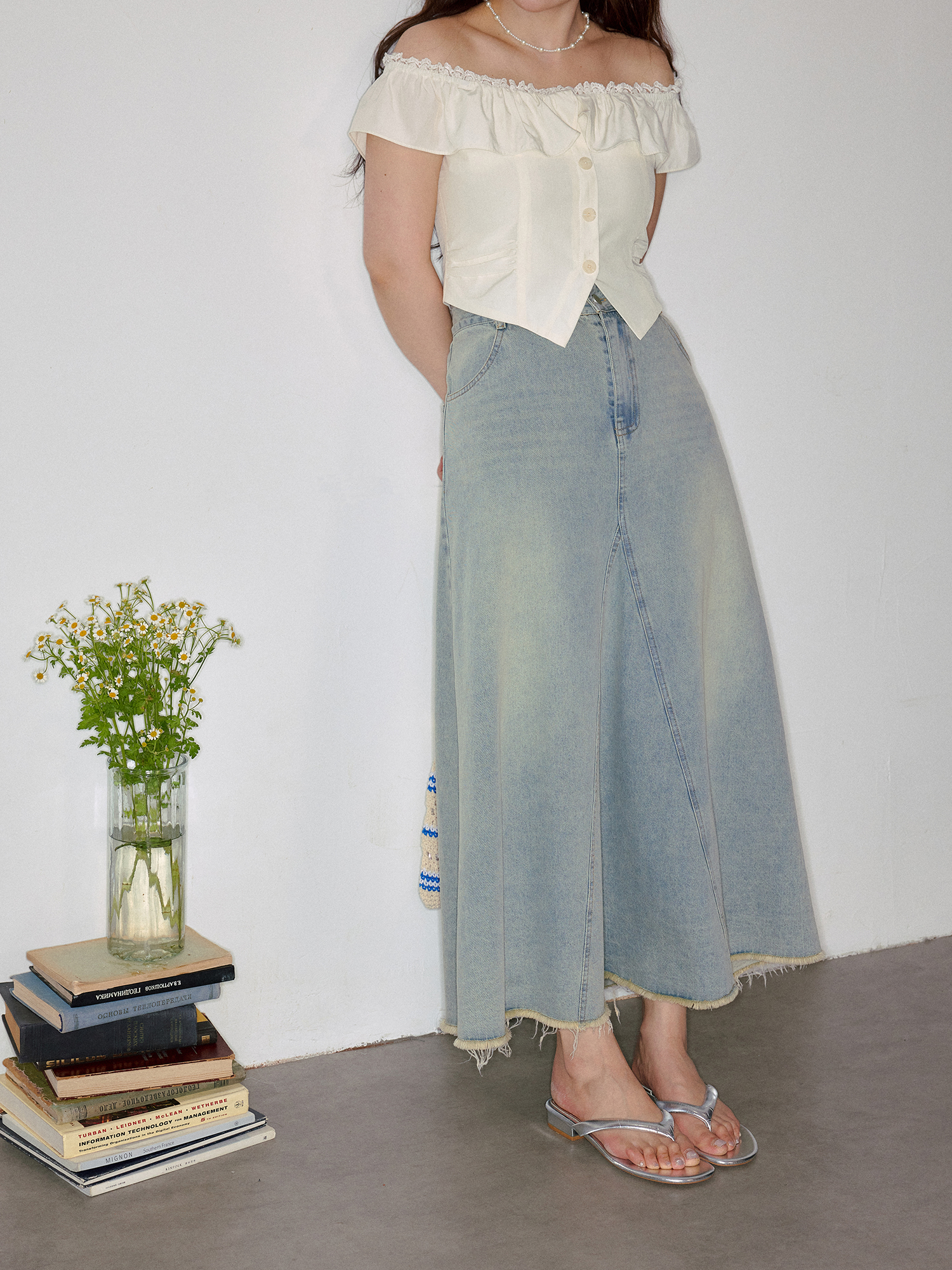 Summer Plus size Women's Clothing Loose-Fit mm Slim Looking Suit Korean Style Gentle Off-Shoulder Top and Denim Skirt