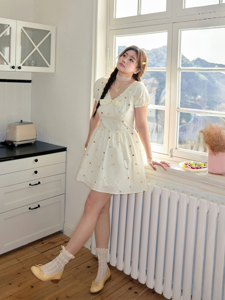 Summer Plus size Women's Plus Size mm Slim Looking Floral Dress Korean Retro Style Age Reduction Dress