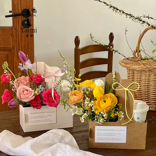 苔米 咖啡奶茶手提花盒 牛皮纸杯托插花盒鲜花礼盒花束包装外带盒