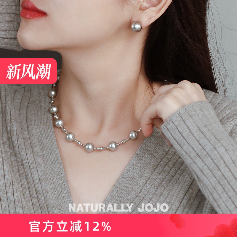 灰色仿珍珠切花满天星项链女