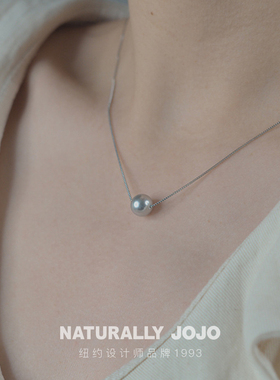 925纯银简约灰色人造珍珠项链女
