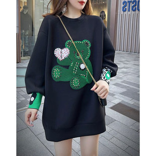 新款 欧货 宽松小熊显瘦卫衣连衣裙女欧洲站2022年秋季 慵懒风中长款