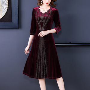 RM21814#气质高端中年女金丝绒裙子喜婆婆婚宴装连衣裙