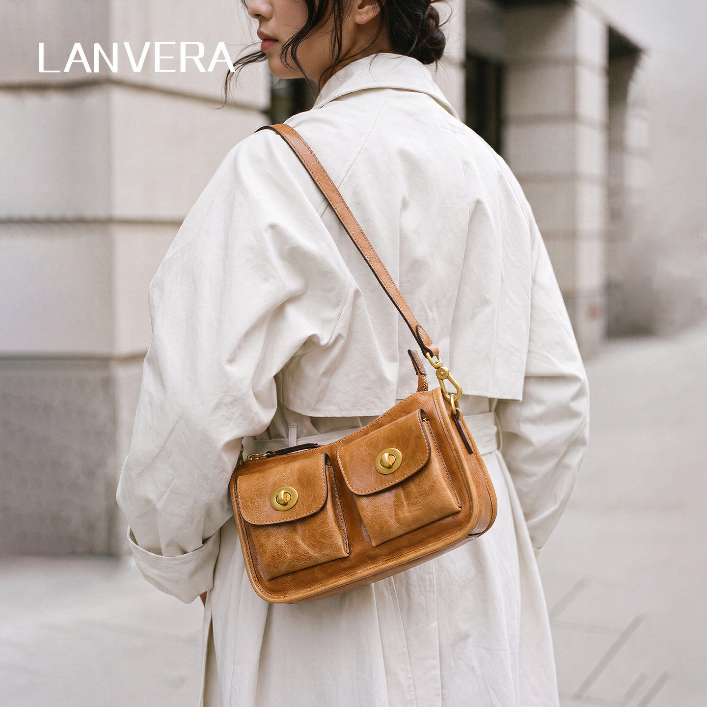 LANVERA头层油蜡牛皮大容量腋下