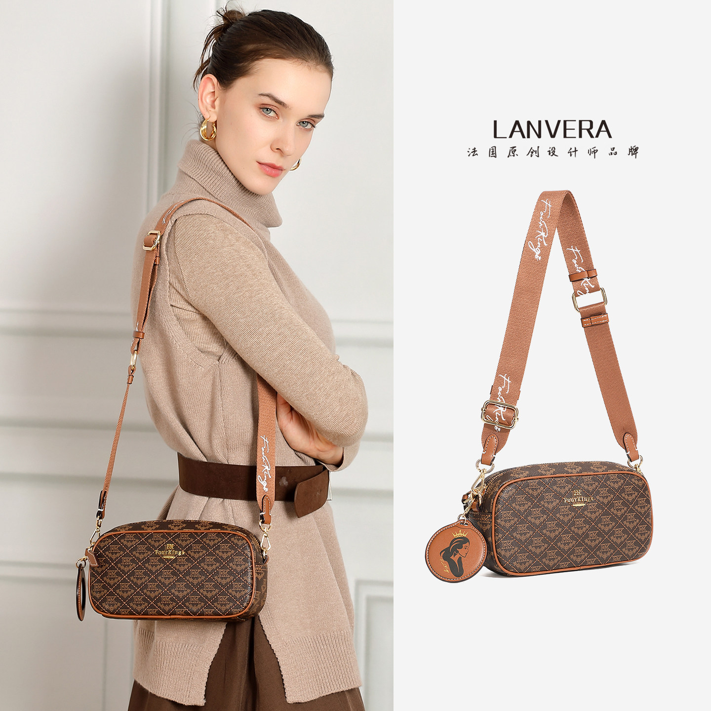 LANVERA女士包包夏季高级感相机包宽肩带百搭斜挎包小方包手机包