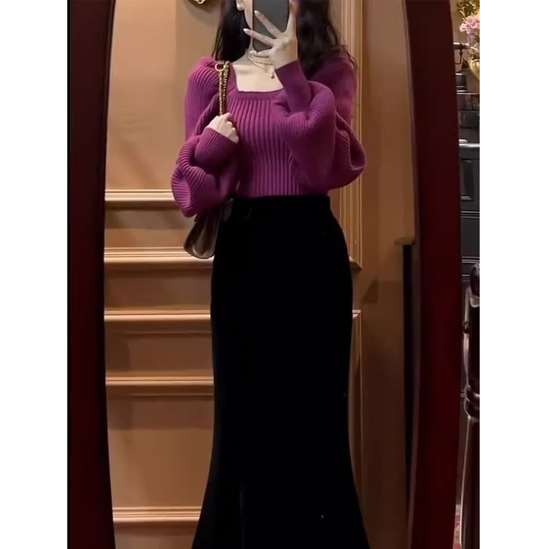 港味复古纯色针织套装女