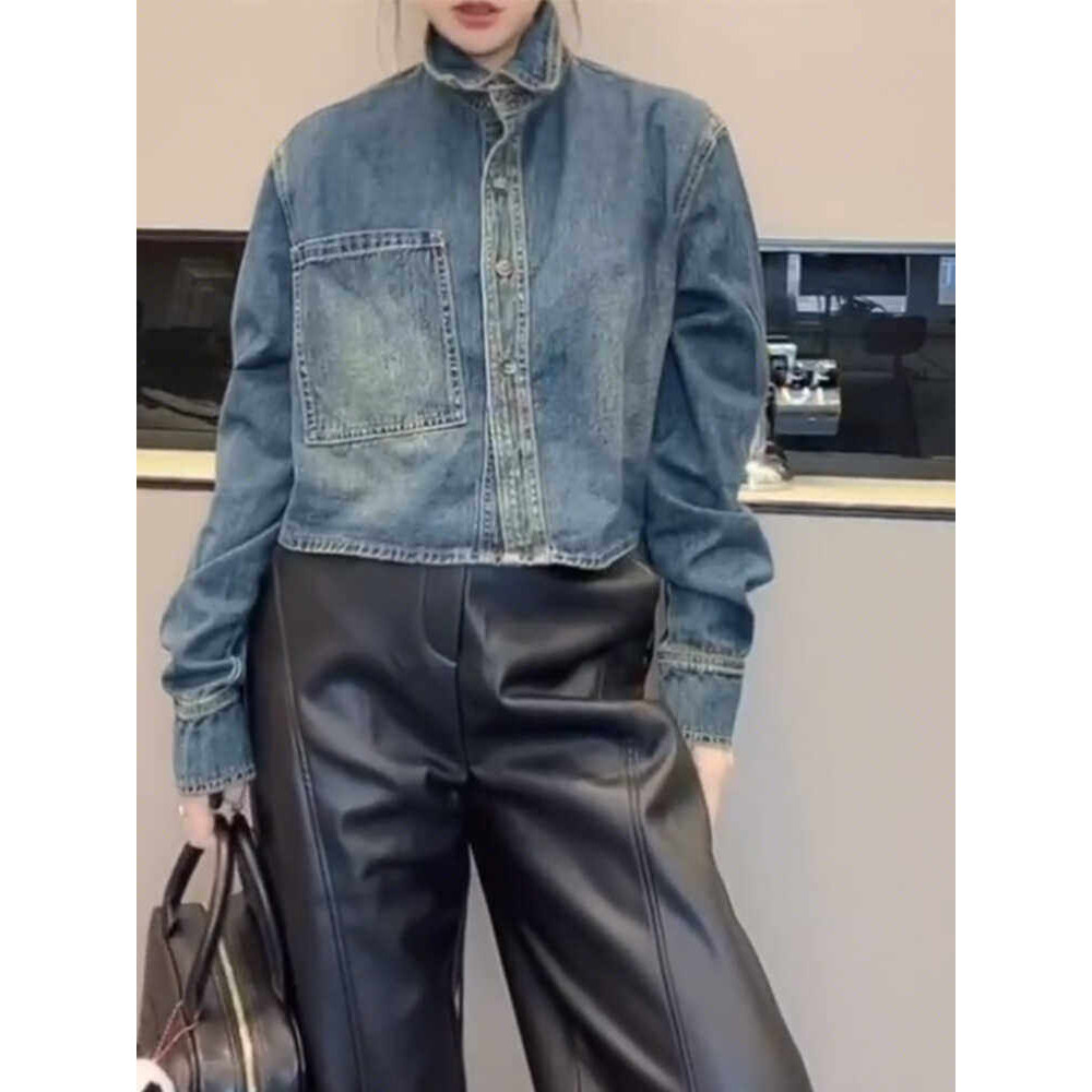 欧洲站牛仔短款外套女2026春季新款长袖翻领口袋宽松牛仔衬衣上衣
