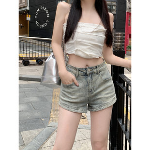 美式复古牛仔短裤女辣妹 夏季新款高腰显瘦重工设计感a字包臀热裤