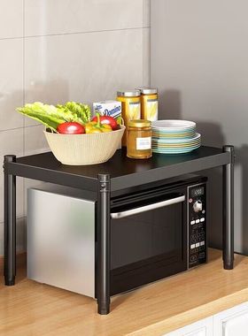 黑色厨房置物架金属正方形碳钢一层单层家用台面微波炉烤箱收纳架