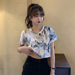 Real shot and real price summer Korean version minority splash ink tie dye navel top women's round neck sleeve shows thin T-shirt