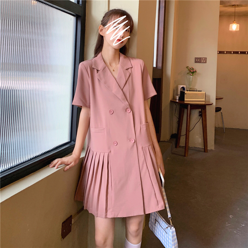 Real price Korean double breasted suit dress women's summer chic slim temperament small pleated skirt