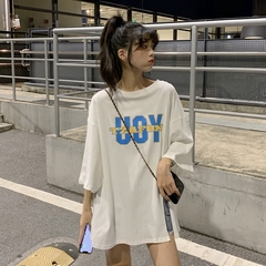 實拍實價 夏季設計感字母印花寬鬆開叉圓領套頭短袖T恤女潮