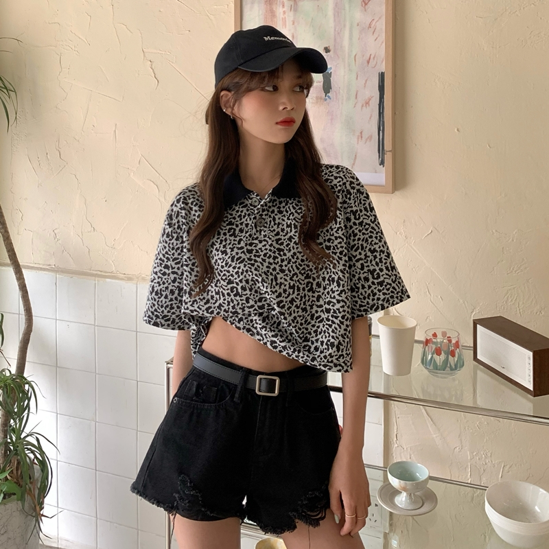 Real price Korean retro Panther polo collar T-shirt single breasted jacket