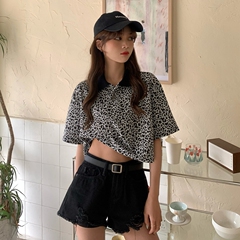 Real price Korean retro Panther polo collar T-shirt single breasted jacket