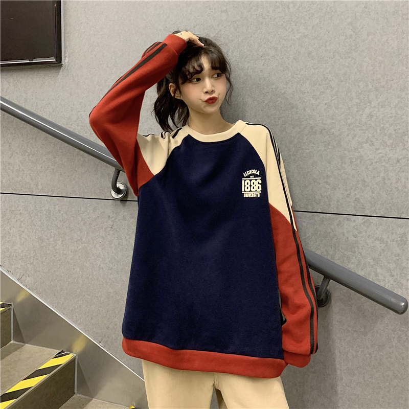 Real price Korean round neck Pullover letter print loose top BF lazy style stitching stripe sweater