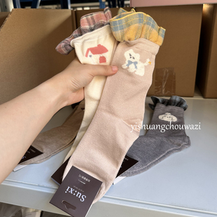 格纹卡基米 25秋冬新款仿羊绒加绒保暖中筒袜可爱小动物格子无骨