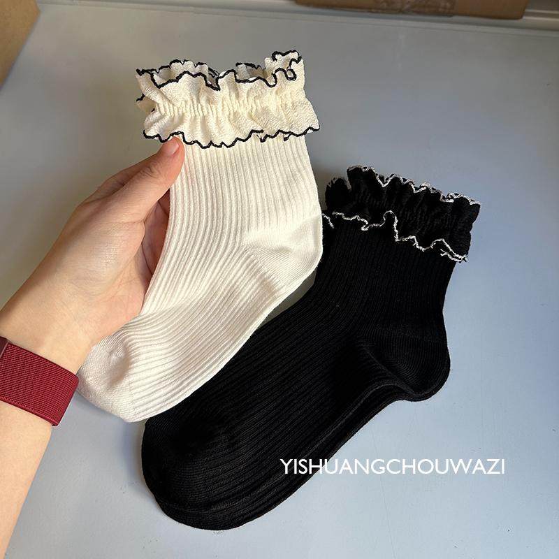 春夏新品 日系甜美花边百搭中筒短筒棉袜JK洛丽塔袜子女黑色白色