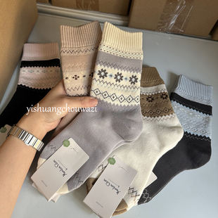 93长绒棉秋冬毛圈加厚保暖中筒棉袜费尔岛百搭文艺无骨一体机防寒