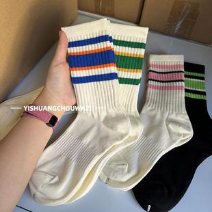 美式复古 情侣男女三杠条纹运动常规中筒棉袜高橡筋百搭洋气ins潮