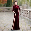 连衣裙 年会晚礼服改良版 旗袍年轻款 黑色丝绒形体服2025气质中长款