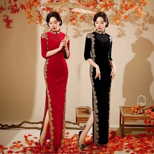 新款金丝绒中袖旗袍红色长款高开叉宴会年会晚礼服复古优雅连衣裙