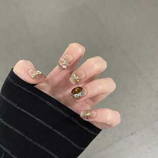 新品 孕妇可用显白 显白酒红香槟碎钻手工穿戴甲片可拆卸小红书同款