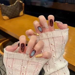 手工定制成品假指甲贴片焦糖琥珀显白可拆卸美甲穿戴甲孕妇新娘美