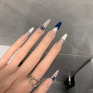 手工定制假指甲贴片成品蓝色星星秋冬显白长款 新娘孕妇可拆穿戴甲